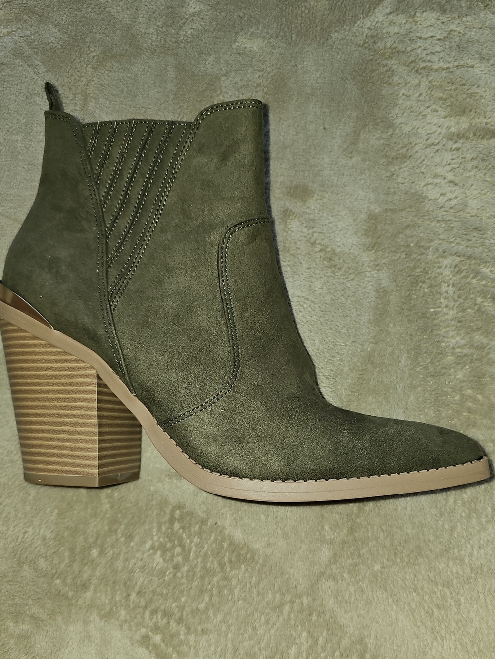 Women's Olive Suede Block Heel Ankle Boot